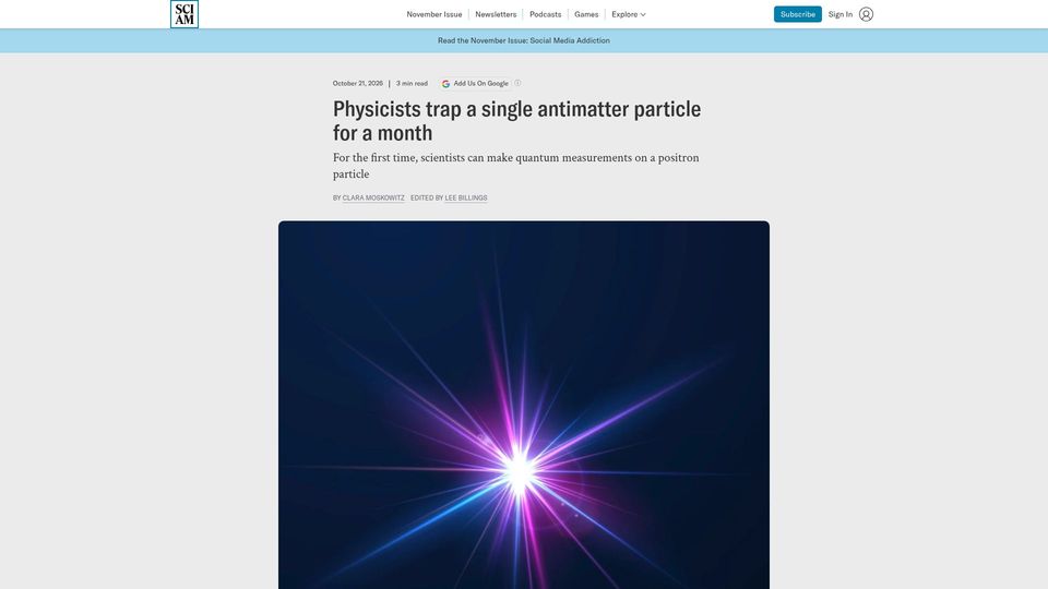 Screenshot of scientificamerican.com: Physicists trap a single antimatter particle for a month