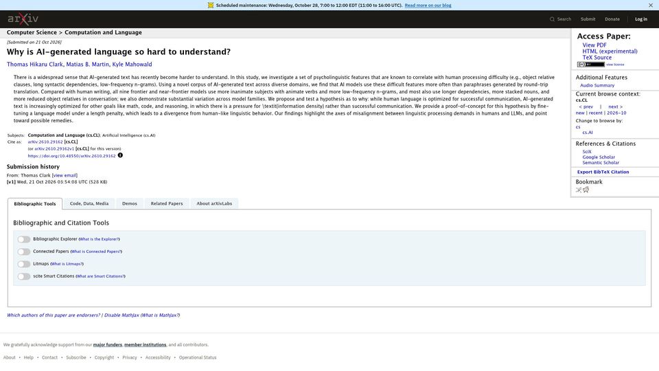 Screenshot of arxiv.org: Why is AI generated language so hard to understand?