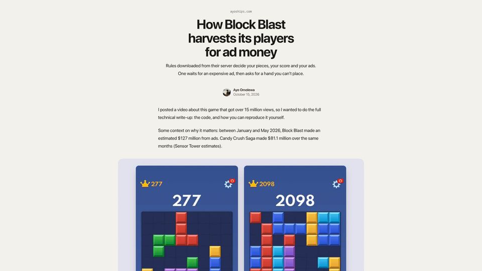 Screenshot of ayoships.com: How Block Blast harvests its players for ad money