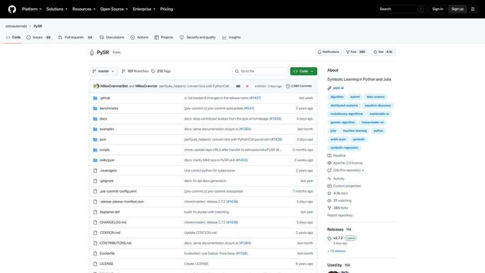 Screenshot of github.com: Symbolic Learning in Python and Julia