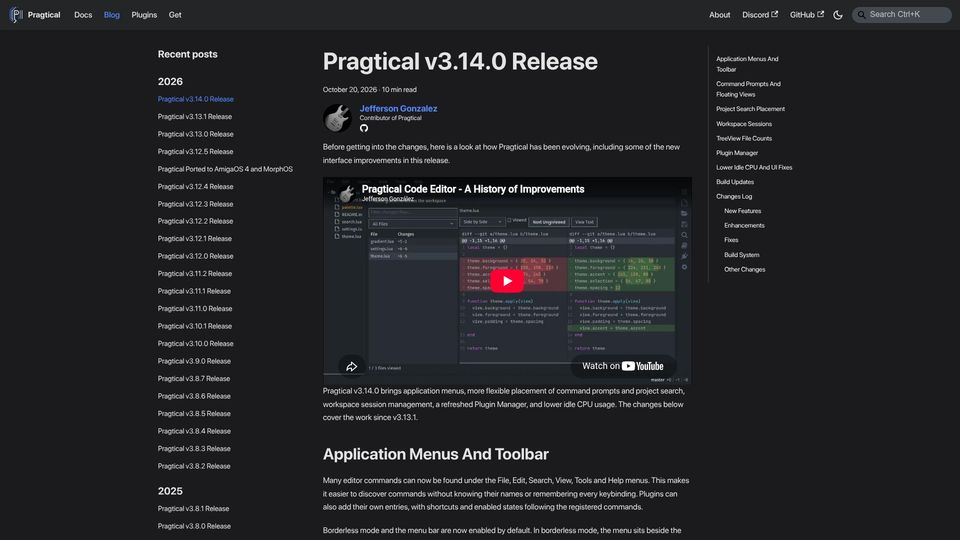Screenshot of pragtical.dev: Pragtical v3.14 Lua-based text editor adds menus, floating views, and sessions