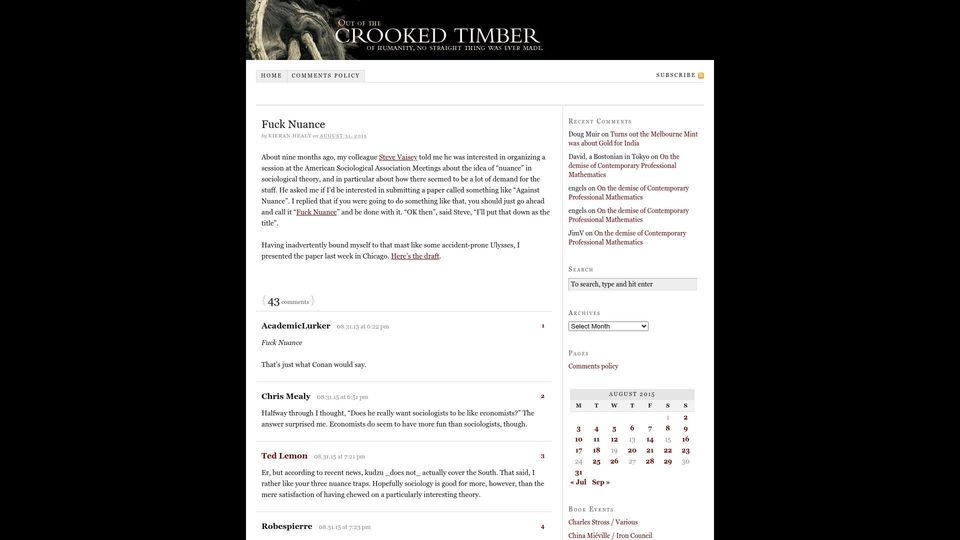 Screenshot of crookedtimber.org: Fuck Nuance (2015)