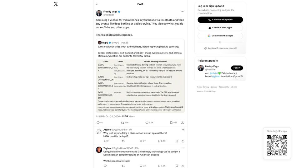 Screenshot of twitter.com: Samsung TVs look for microphones in your house via Bluetooth and then spy events