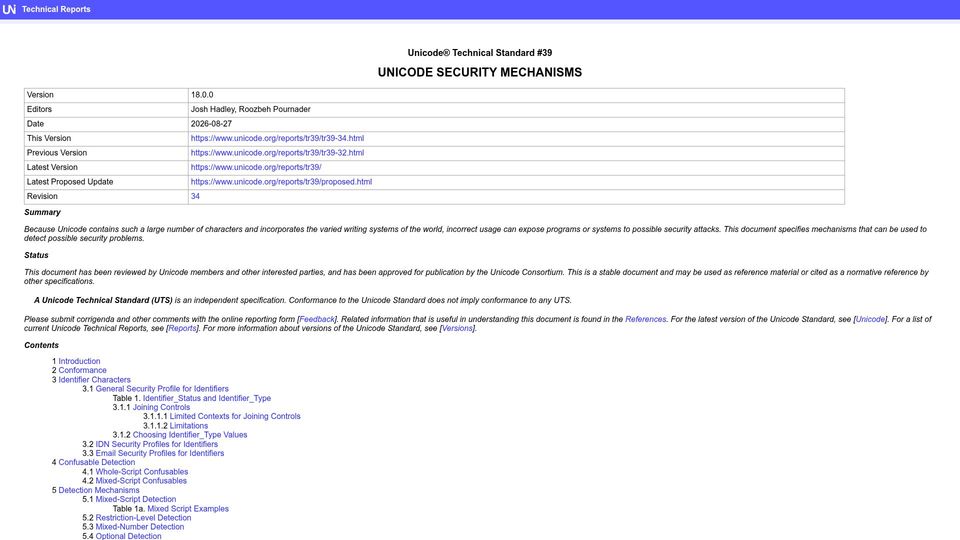 Screenshot of unicode.org: UTS #39: Unicode Security Mechanisms