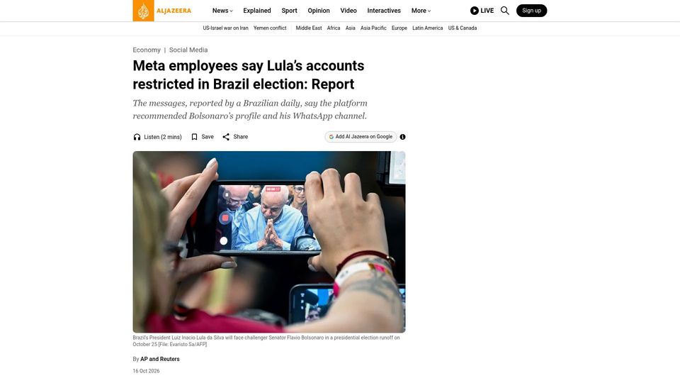 Screenshot of aljazeera.com: Meta employees say Lula’s accounts restricted in Brazil election: Report