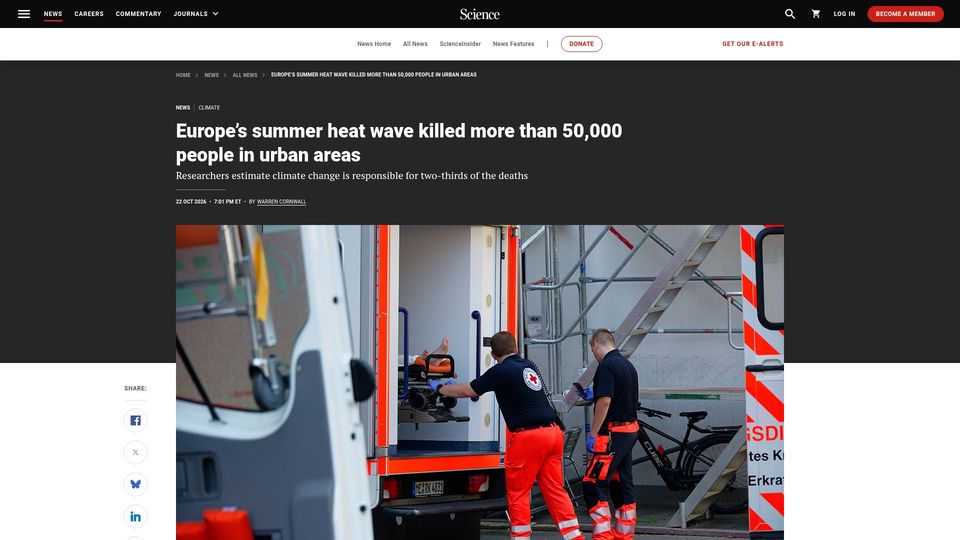 Screenshot of science.org: Europe's summer heat wave killed more han 50k people in urban areas