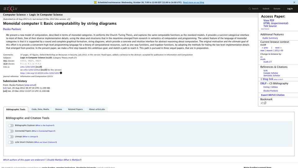 Screenshot of arxiv.org: Monoidal computer I: Basic computability by string diagrams (2012)