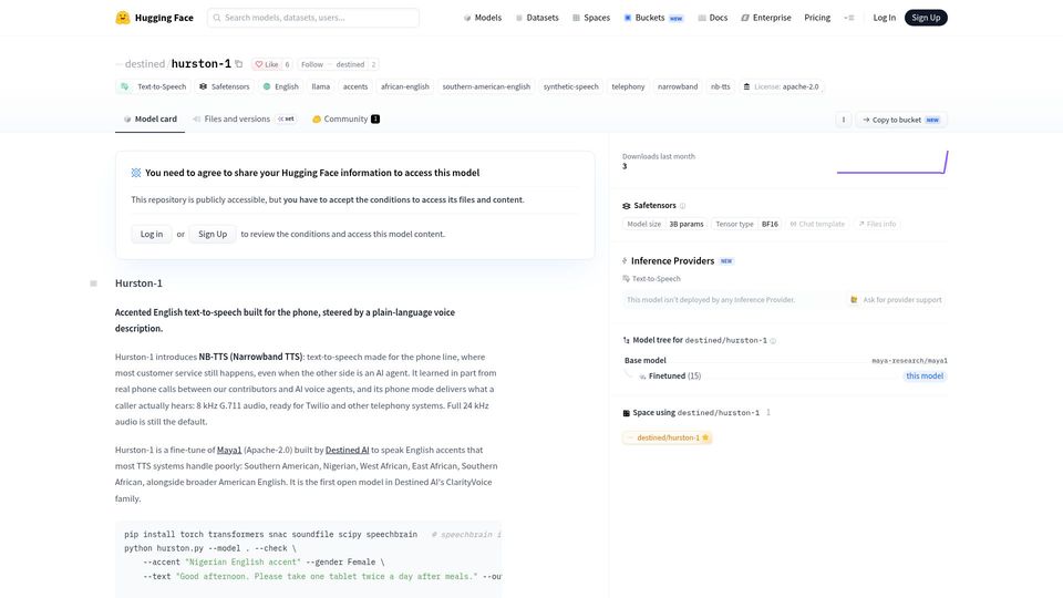 Screenshot of huggingface.co: Show HN: Hurston-1 open source TTS that speak Southern American and Afro-English