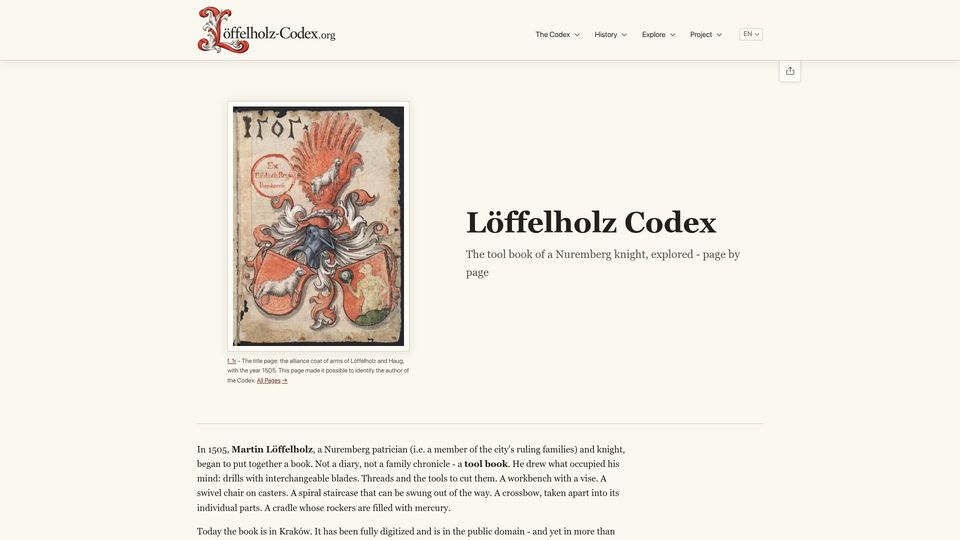 Screenshot of loeffelholz-codex.org: Tool book of a Nuremberg knight from 1505