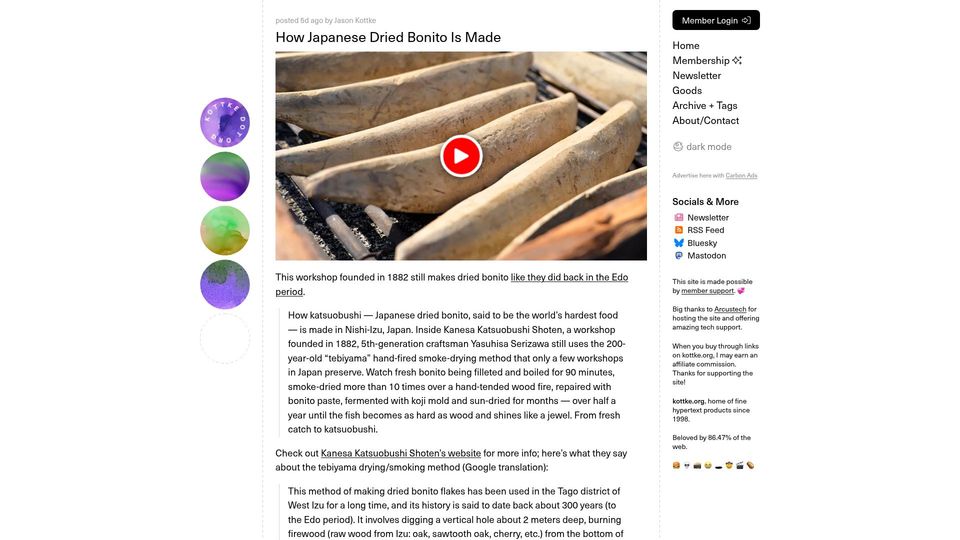 Screenshot of kottke.org: How Japanese Dried Bonito Is Made