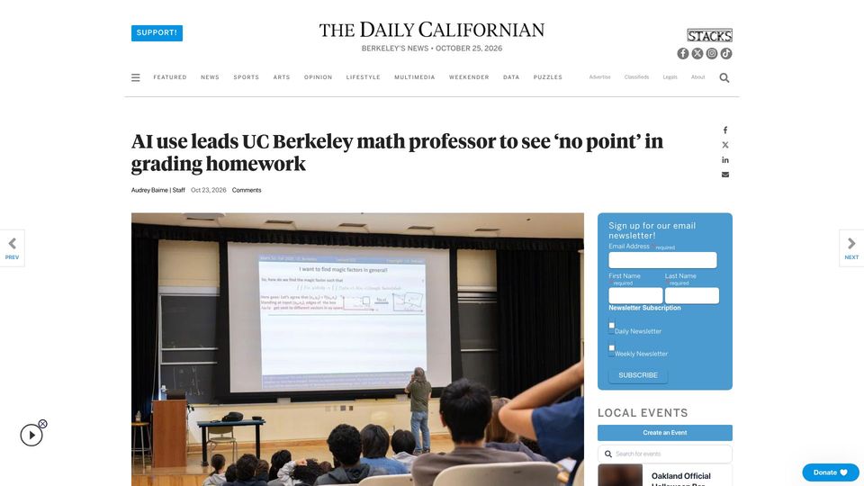Screenshot of dailycal.org: AI use leads UC Berkeley math professor to see 'no point' in grading homework