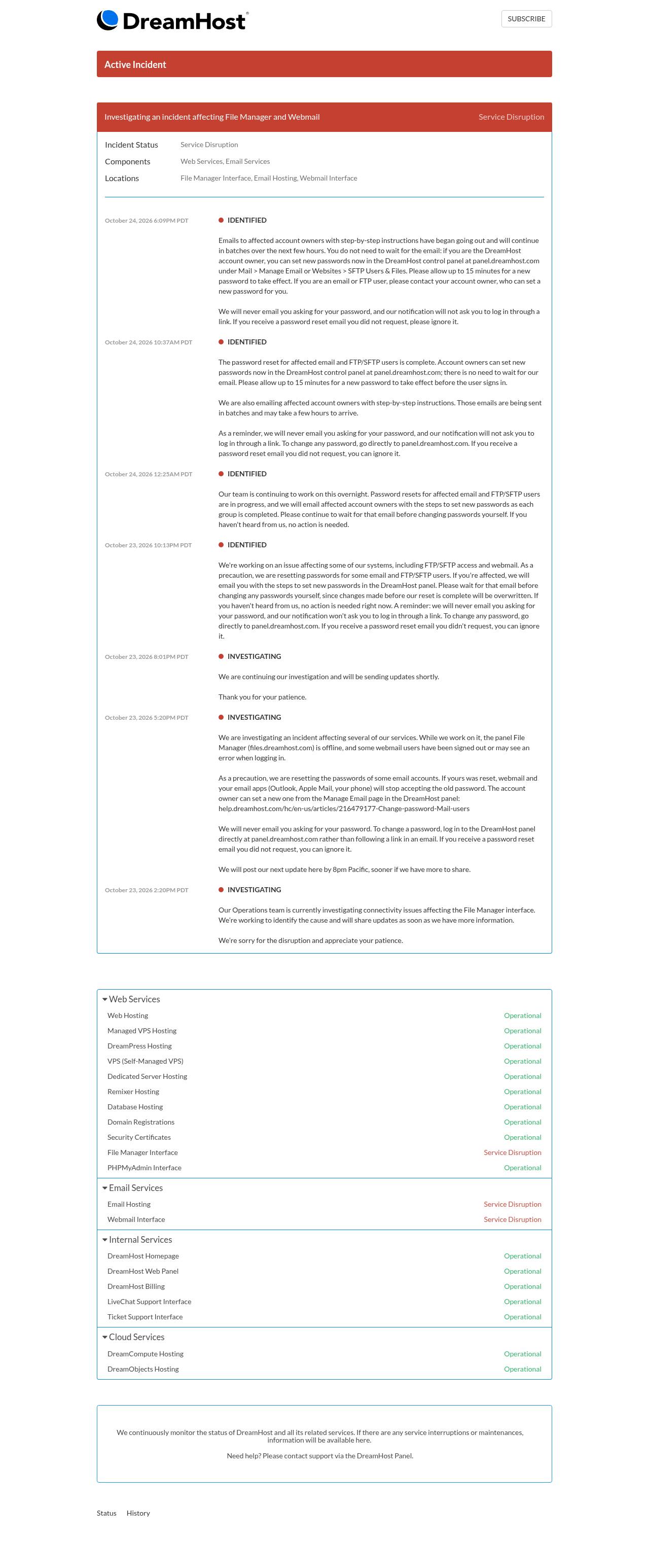 Full-page screenshot of dreamhoststatus.com