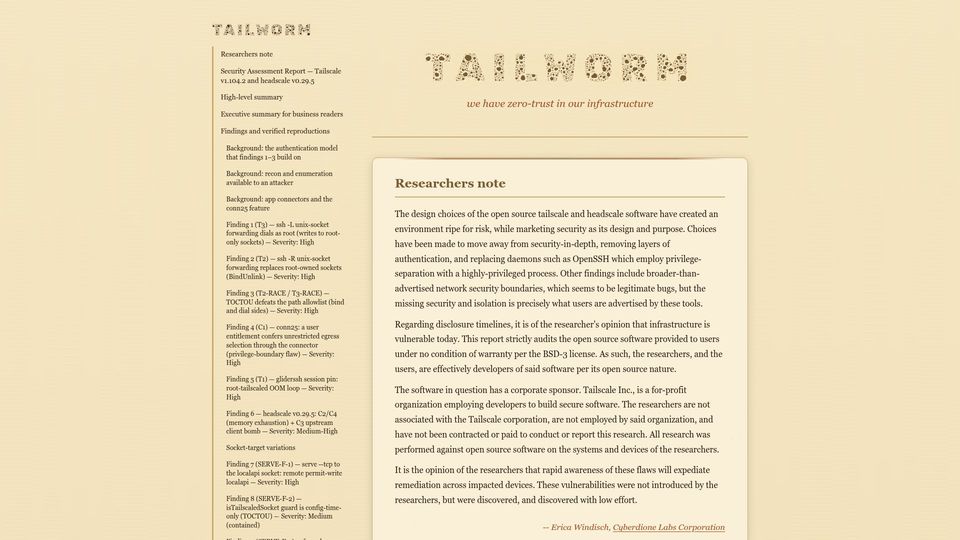 Screenshot of tailworm.com: Tailworm – Tailscale Vulnerabilities