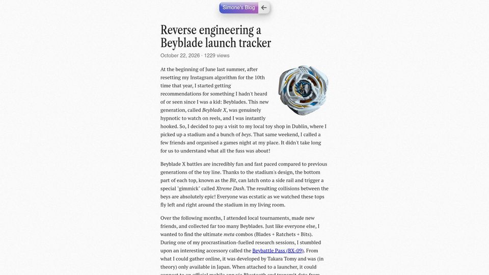 Screenshot of blog.simone.computer: Reverse engineering a Beyblade launch tracker