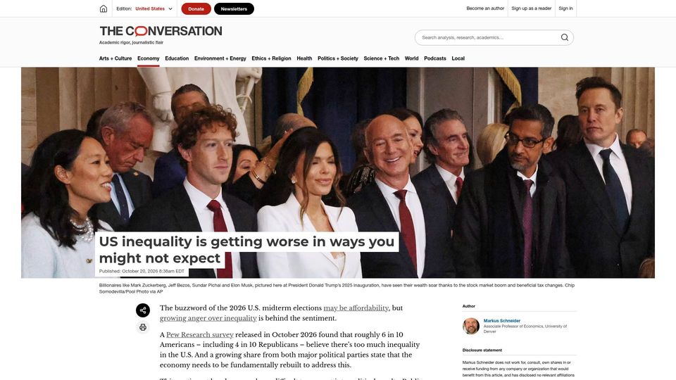 Screenshot of theconversation.com: US inequality is getting worse in ways you might not expect