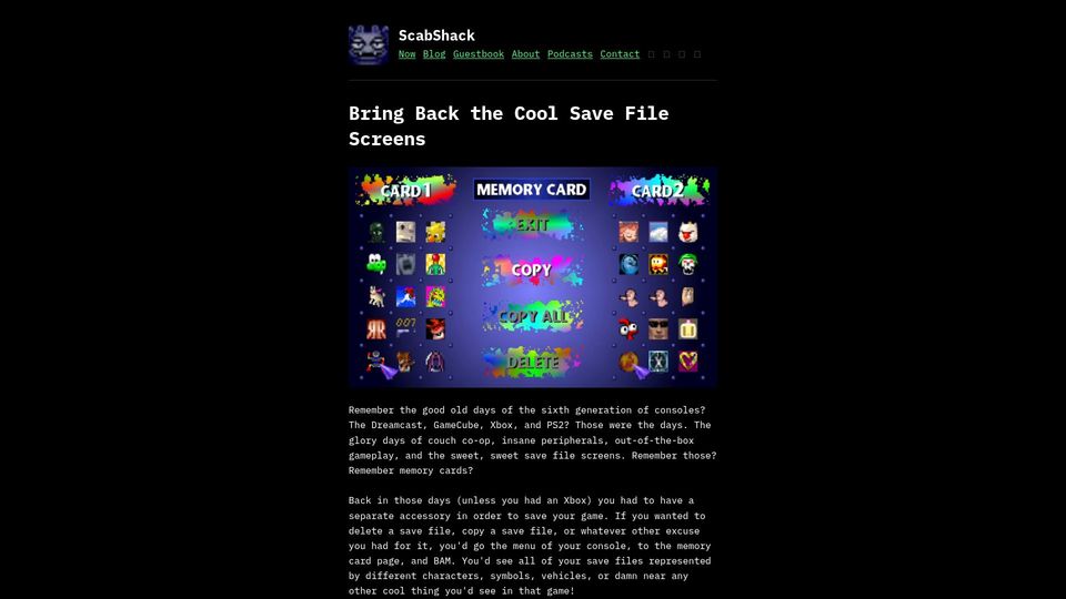 Screenshot of scabshack.lol: Bring Back the Cool Save File Screens