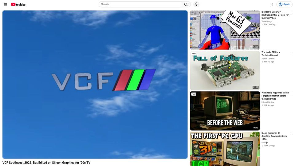 Screenshot of youtube.com: VCF Southwest 2026, but Edited on Silicon Graphics for '90s TV [video]