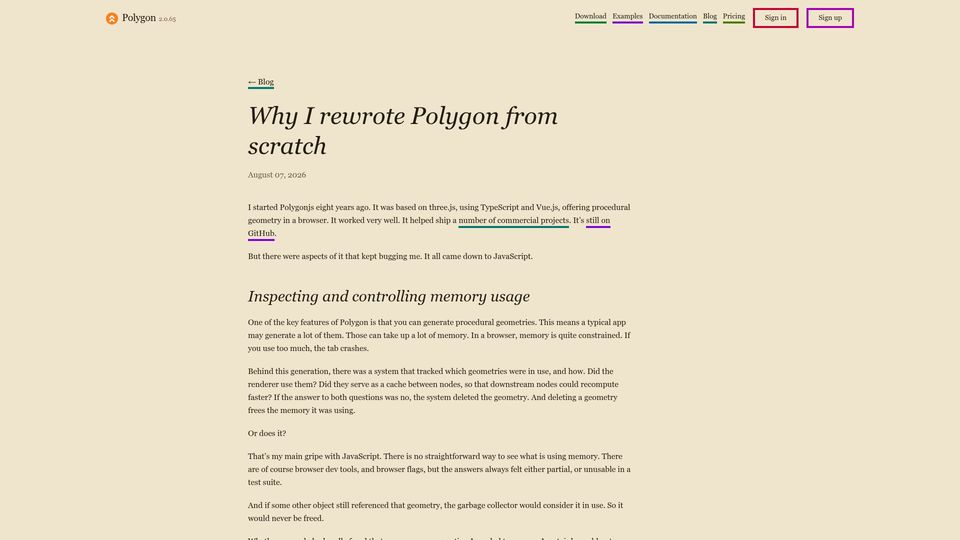 Screenshot of polygonjs.com: Rewriting a Commercial Engine in Jai