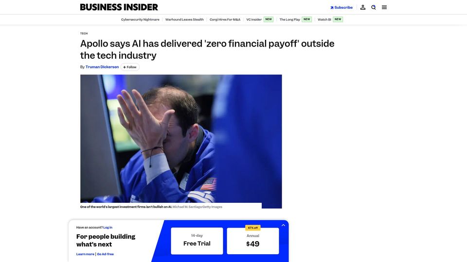 Screenshot of businessinsider.com: Apollo says AI has delivered 'zero financial payoff' outside the tech industry