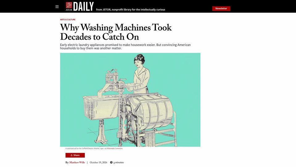 Screenshot of daily.jstor.org: Washing machines took decades to catch on