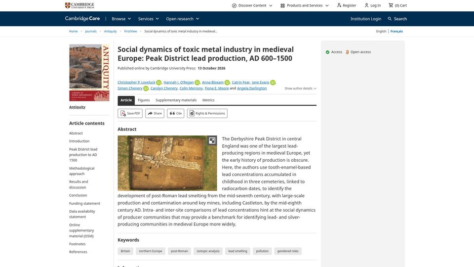 Screenshot of cambridge.org: Social dynamics of toxic metal industry in medieval Europe