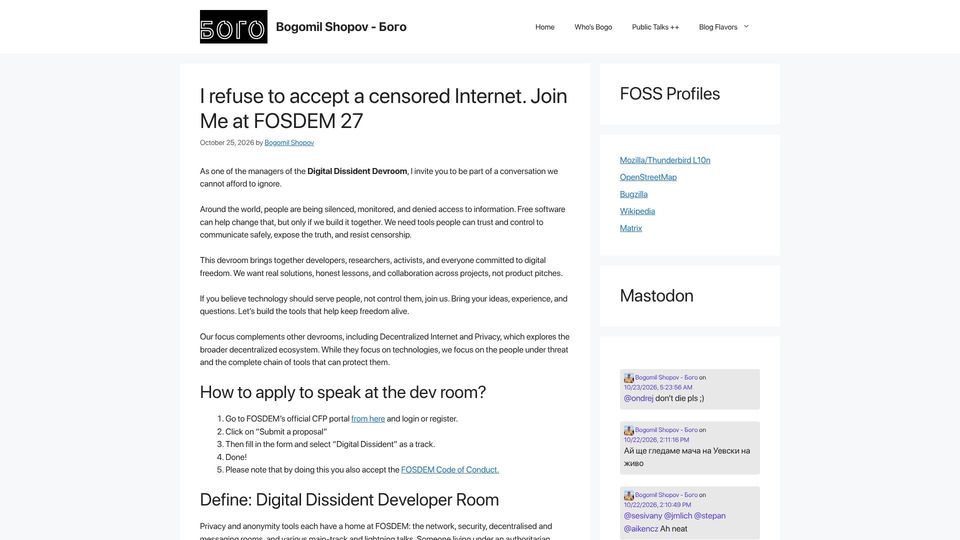 Screenshot of talkweb.eu: I refuse to accept a censored Internet. Join Me at FOSDEM 27