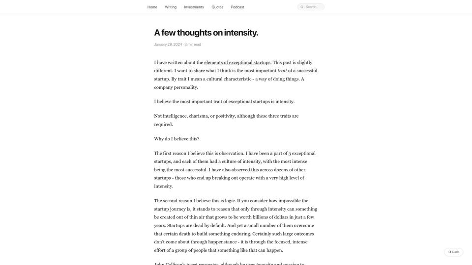 Screenshot of tylerhogge.com: A few thoughts on intensity (2024)