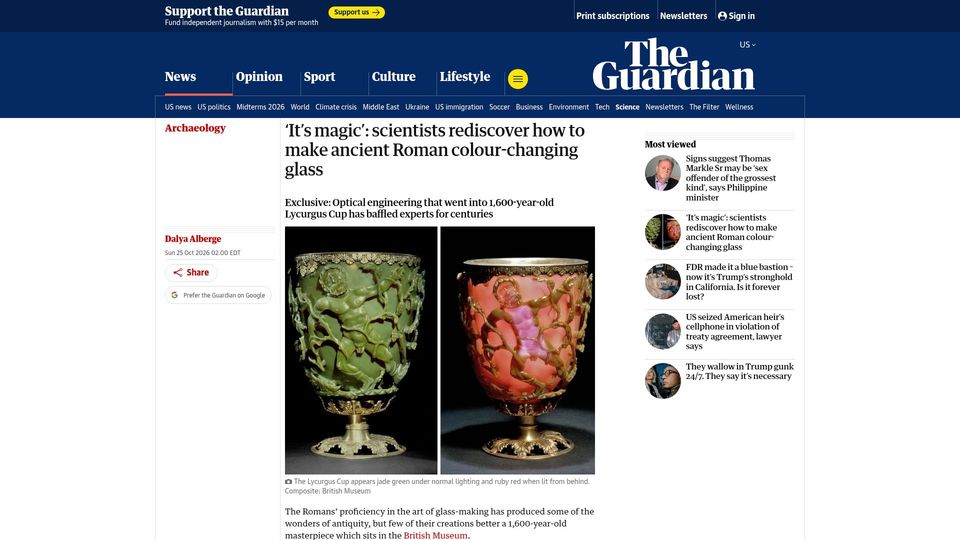 Screenshot of theguardian.com: Scientists rediscover how to make ancient Roman colour-changing glass
