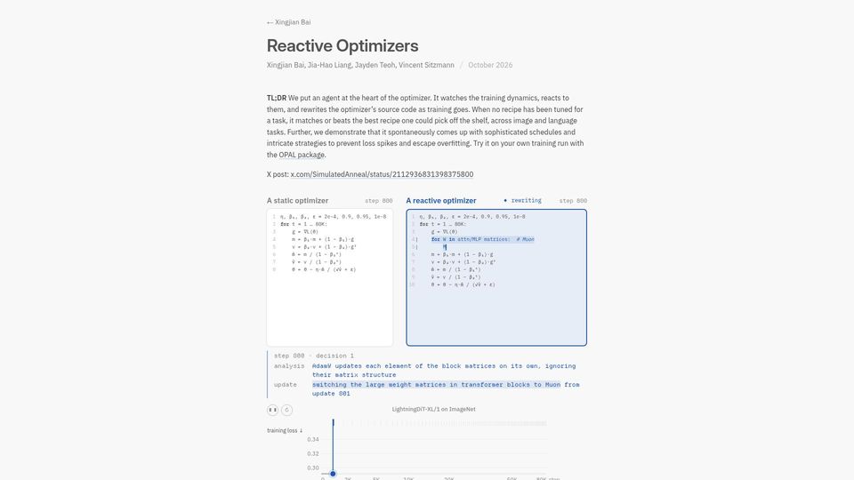 Screenshot of xingjianbai.com: Reactive Optimizers: rewrite the optimizer's source code during training