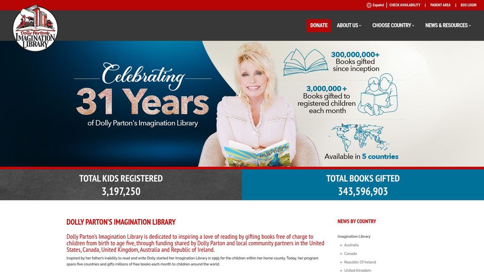 Screenshot of imaginationlibrary.com: Dolly Parton's Imagination Library