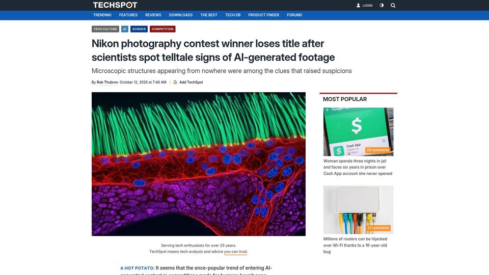 Screenshot of techspot.com: Nikon photography contest winner loses title after scientists spot signs of AI
