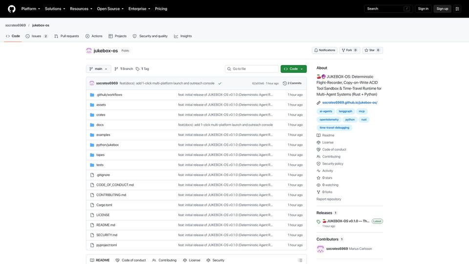 Screenshot of github.com: Jukebox-OS: Deterministic time-travel replay and ACID tool sandbox for AI agents