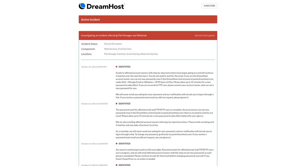 Screenshot of dreamhoststatus.com: Active incident at Dreamhost forcing password reset