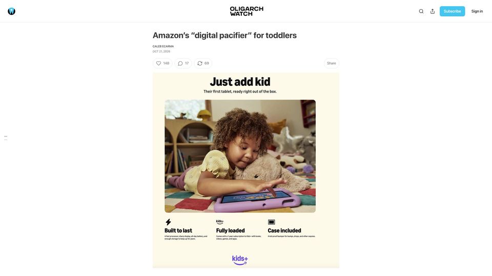 Screenshot of oligarchwatch.substack.com: Amazon’s “digital pacifier” for toddlers