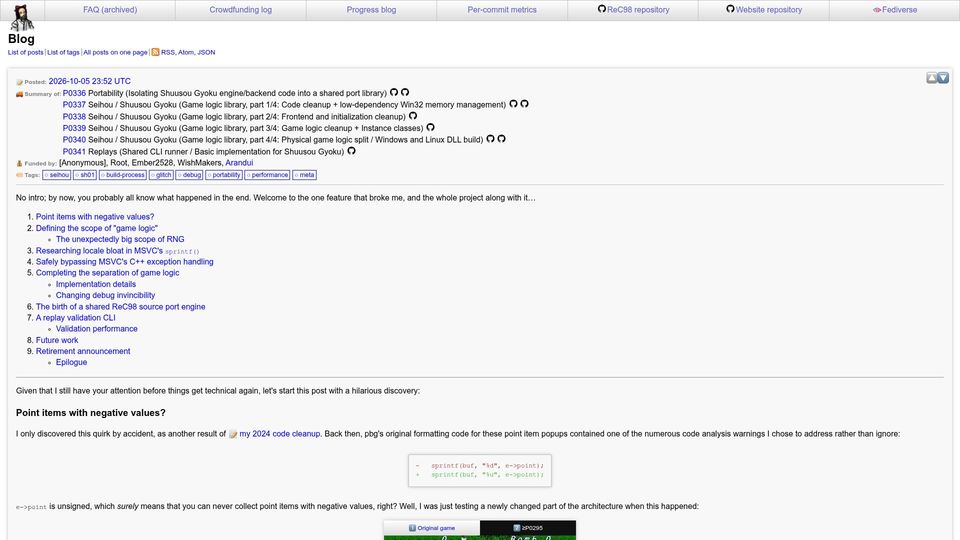 Screenshot of rec98.nmlgc.net: Reverse engineer of PC-98 Touhou games retires