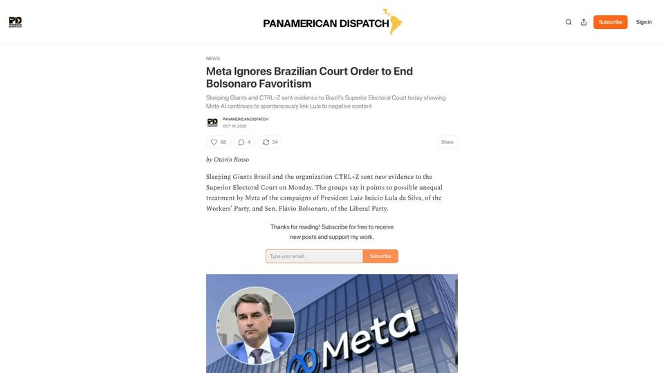 Screenshot of panamericandispatch.org: Meta Ignores Brazilian Court Order to End Bolsonaro Favoritism