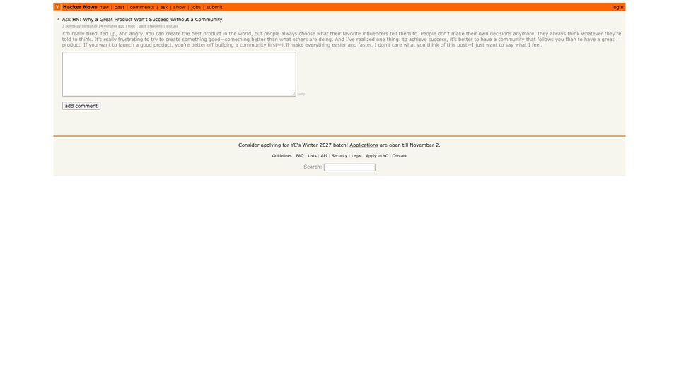 Screenshot of Hacker News post: Ask HN: Why a Great Product Won't Succeed Without a Community