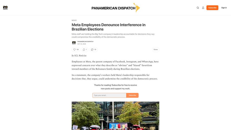 Screenshot of panamericandispatch.org: Meta Employees Denounce Interference in Brazilian Elections