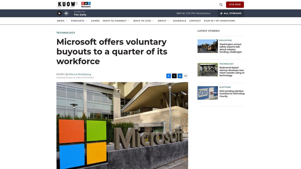 Screenshot of kuow.org: Microsoft offers voluntary buyouts to a quarter of its workforce
