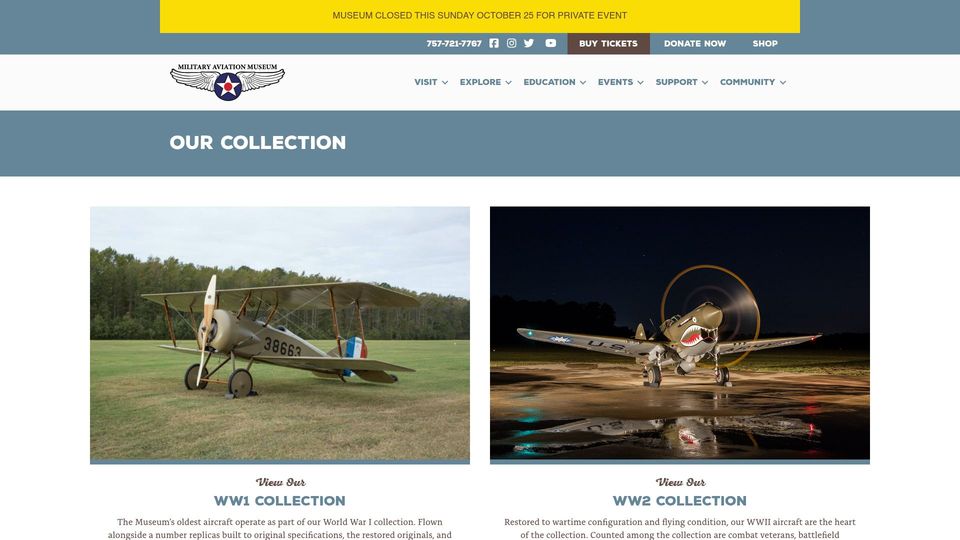 Screenshot of militaryaviationmuseum.org: World Wars I and II Military Aviation Museum Collection