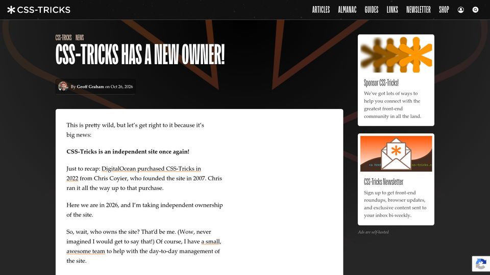 Screenshot of css-tricks.com: CSS-Tricks has a new owner