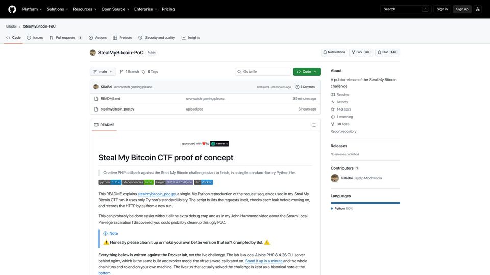 Screenshot of github.com: Steal My Bitcoin CTF PoC