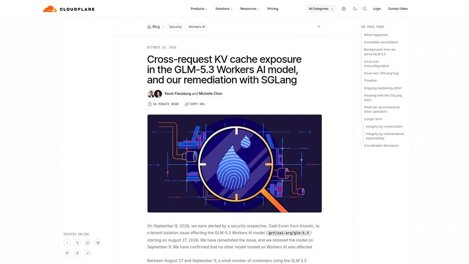 Screenshot of blog.cloudflare.com: Cross-request KV cache exposure in the GLM-5.3 Workers AI model (155 responses)
