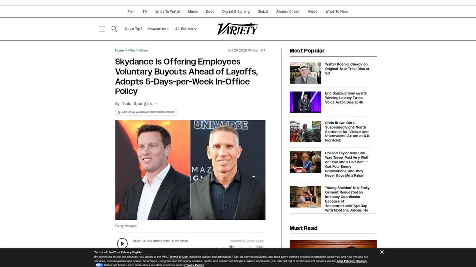 Screenshot of variety.com: Skydance offers buyouts, orders return to office