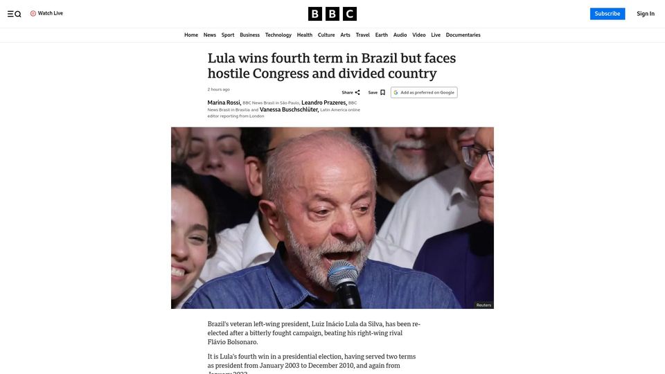 Screenshot of bbc.com: Brazil elections: Lula secures fourth term after dramatic comeback