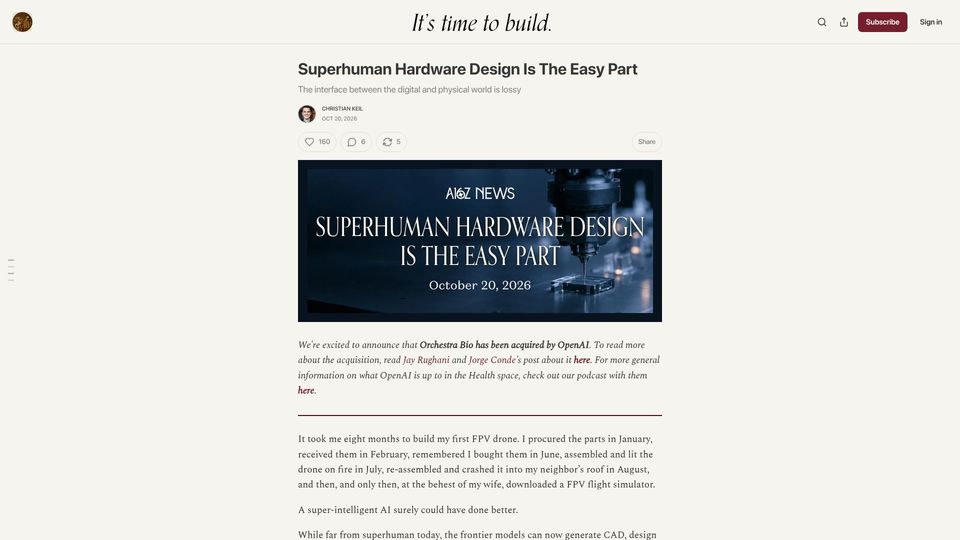 Screenshot of a16z.news: Superhuman Hardware Design Is the Easy Part