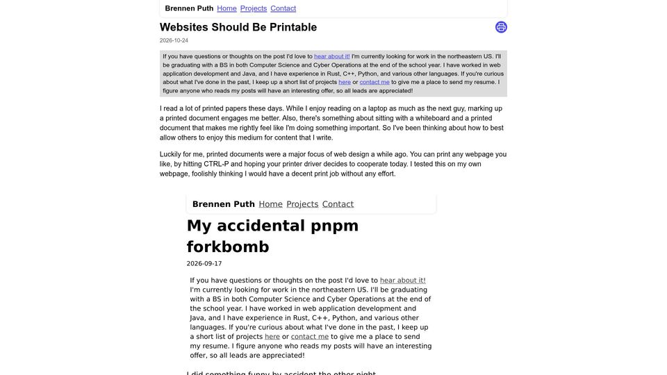 Screenshot of brennenputh.me: Websites Should Be Printable