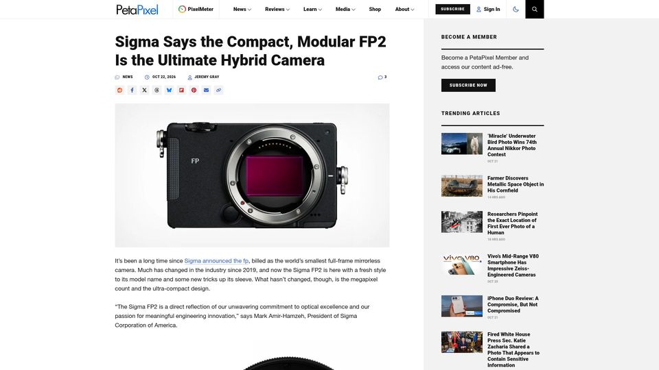 Screenshot of petapixel.com: Sigma Says the Compact, Modular FP2 Is the Ultimate Hybrid Camera
