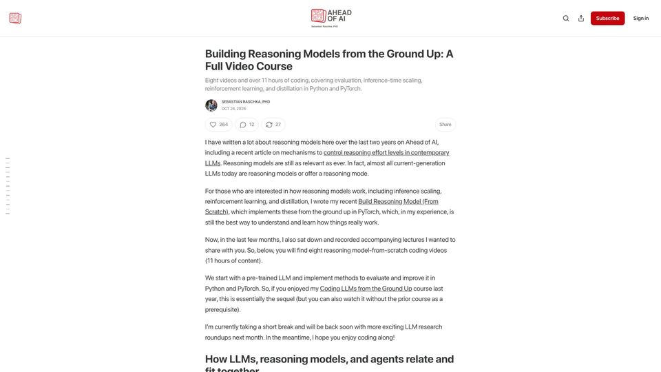 Screenshot of magazine.sebastianraschka.com: Sebastian Raschka's from-scratch video course on building reasoning models