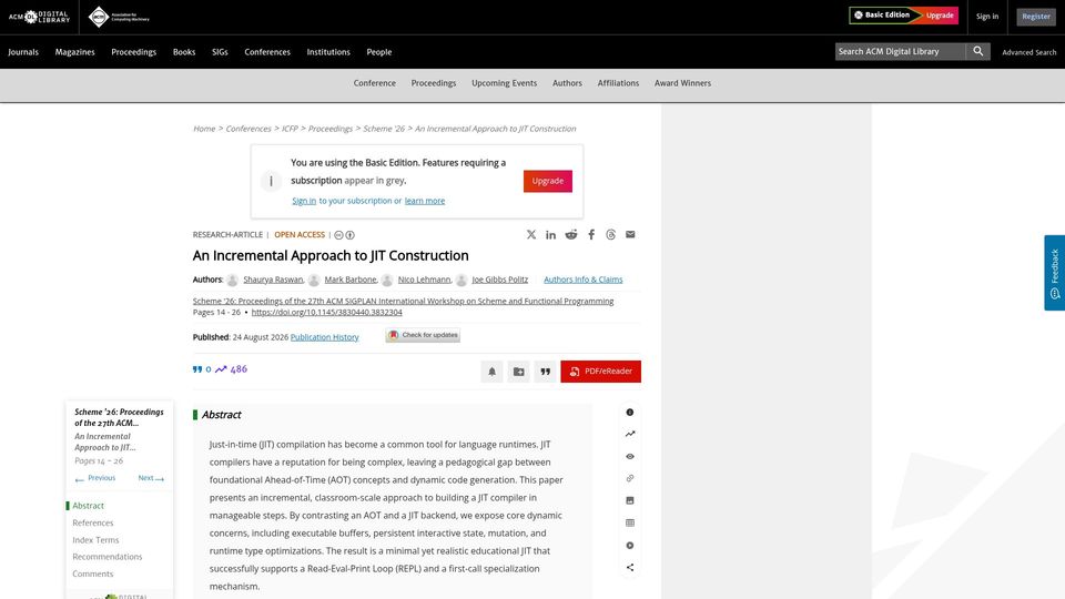 Screenshot of dl.acm.org: An incremental approach to JIT construction